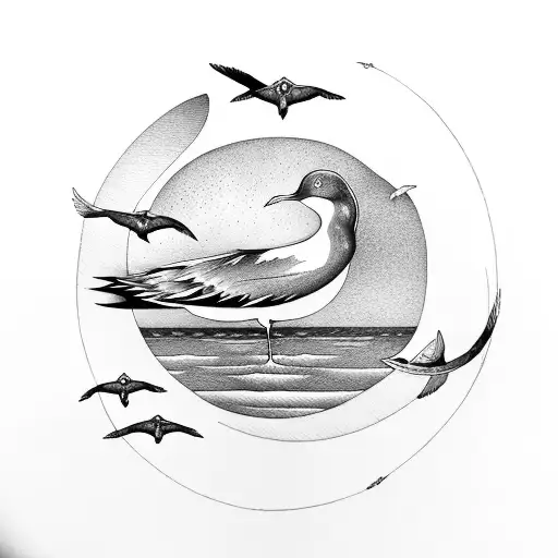 A crescent moon rising over a tranquil ocean with seagulls flying in the distance tattoo design idea
