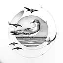 A crescent moon rising over a tranquil ocean with seagulls flying in the distance tattoo design idea