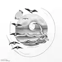 A crescent moon rising over a tranquil ocean with seagulls flying in the distance tattoo design idea