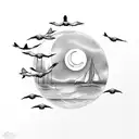 A crescent moon rising over a tranquil ocean with seagulls flying in the distance tattoo design idea