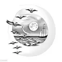 A crescent moon rising over a tranquil ocean with seagulls flying in the distance tattoo design idea