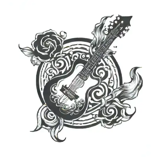 A blackwork tattoo of a Pisces fish playing a guitar, combining the client's zodiac sign with their musical interest tattoo design idea