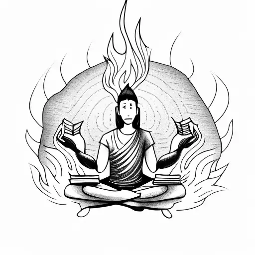  a person in a meditation pose with a book in their hands surrounded by flames in prison tattoo design idea