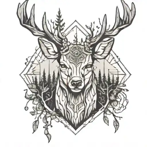 Forest blackout symmetrical geometric  deer face tattoo design idea