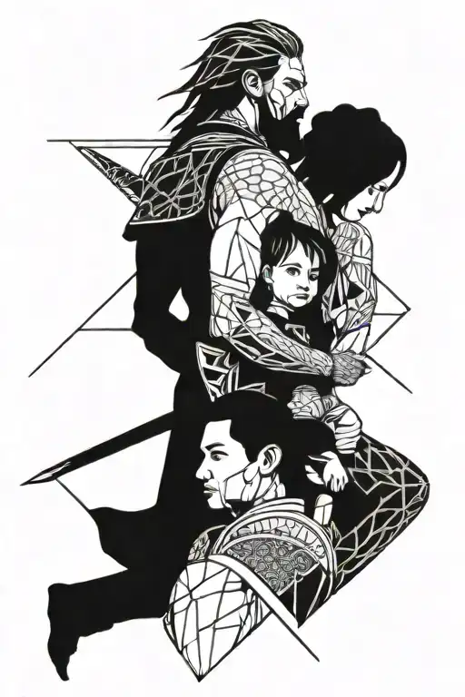 warrior holding 6 years old boy and 3 years old daughter. no mom tattoo design idea