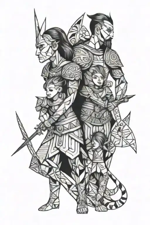 warrior holding 6 years old boy and 3 years old daughter  tattoo design idea