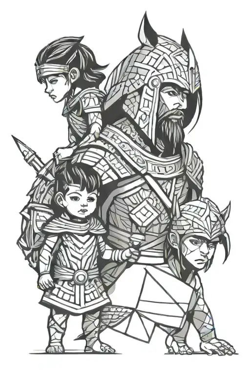 warrior holding 6 years old son and 3 years old daughter. strips background. only 3 characters  tattoo design idea