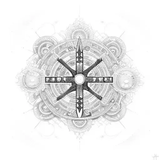 A cosmic cross with intricate cyber tribal patterns surrounded by flowers and planets tattoo design idea