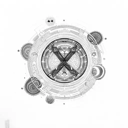 A cosmic cross with intricate cyber tribal patterns surrounded by flowers and planets tattoo design idea