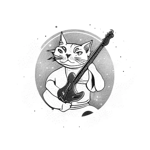 A futuristic cyberpunk cat playing a guitar on a rock floating in space tattoo design idea