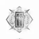 A minimalist black cross with cyber goth elements tattoo design idea