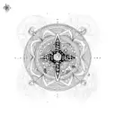 A cosmic cross with intricate cyber tribal patterns surrounded by flowers and planets tattoo design idea