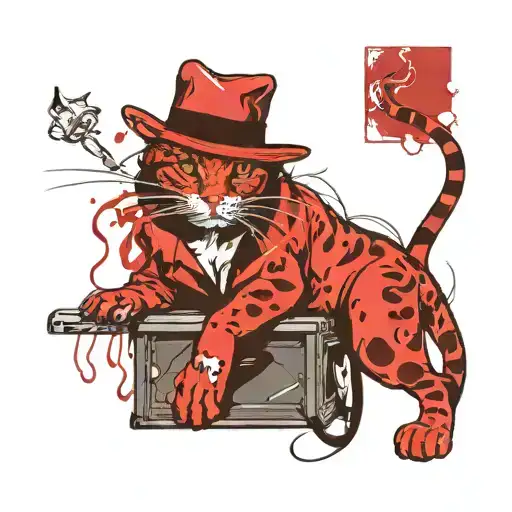 stripper cat wearing hat smoking cigarette tattoo design idea