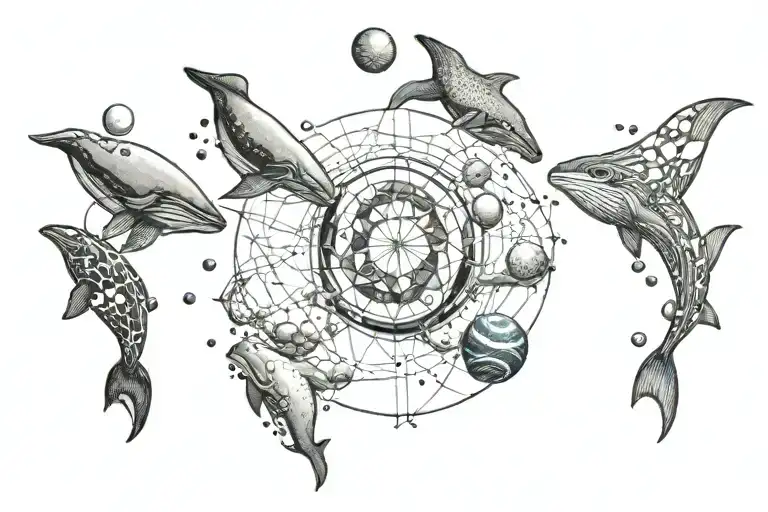 sacred geometry with humpbacks and planets and earth  tattoo design idea