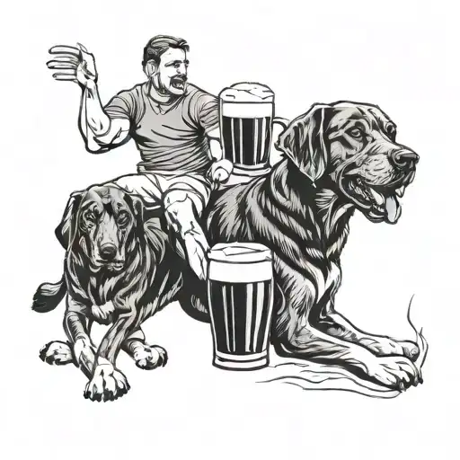 Create a tattoo featuring a pint of Guinness surrounded by rugby players and dogs in a black-grey style tattoo design idea