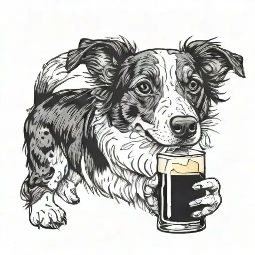 Create a tattoo featuring a Guinness pint with a jack Russell and border collie playfully interacting around it tattoo design idea