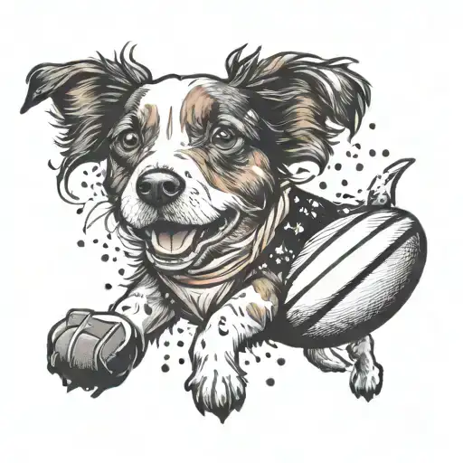 Incorporate a Jack Russell and a border collie playing rugby in a whimsical and playful tattoo design tattoo design idea