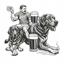 Create a tattoo featuring a pint of Guinness surrounded by rugby players and dogs in a black-grey style tattoo design idea