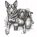 Create a tattoo featuring a pint of Guinness surrounded by rugby players and dogs in a black-grey style tattoo design idea