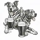Create a tattoo featuring a pint of Guinness surrounded by rugby players and dogs in a black-grey style tattoo design idea