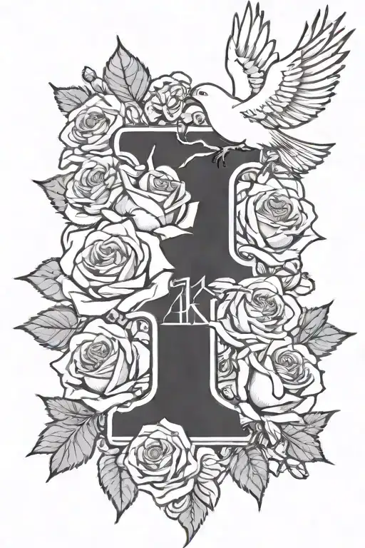 rose tattoo with 444 as the stem, clouds and doves , one word in each of the 4's Long Live Stone tattoo design idea