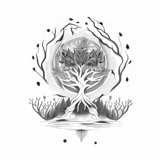 Tree of life with lynx crow and snake tattoo design idea