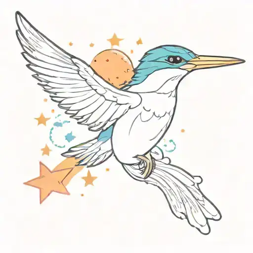 A whimsical design of a kingfisher flying through a colorful sky filled with fluffy clouds and twinkling stars tattoo design idea