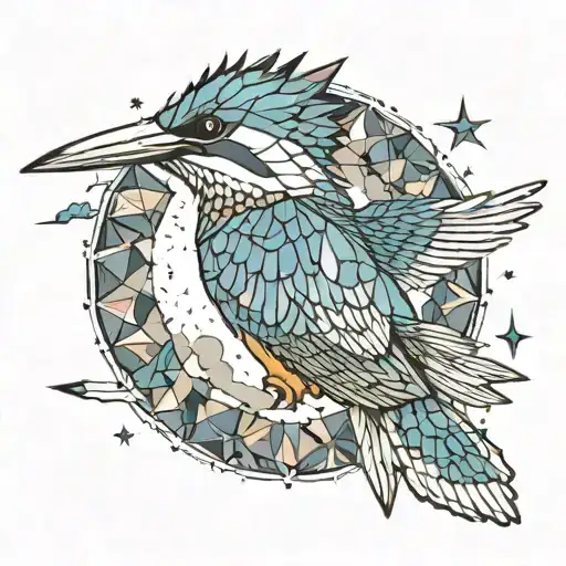 A whimsical design of a kingfisher flying through a colorful sky filled with fluffy clouds and twinkling stars tattoo design idea