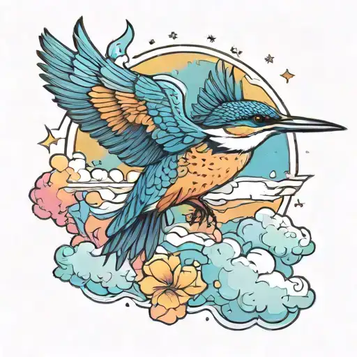 A whimsical design of a kingfisher flying through a colorful sky filled with fluffy clouds and twinkling stars tattoo design idea