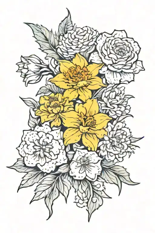 carnation, daffodil, jonquil and chrysanthemum bouquet  tattoo design idea