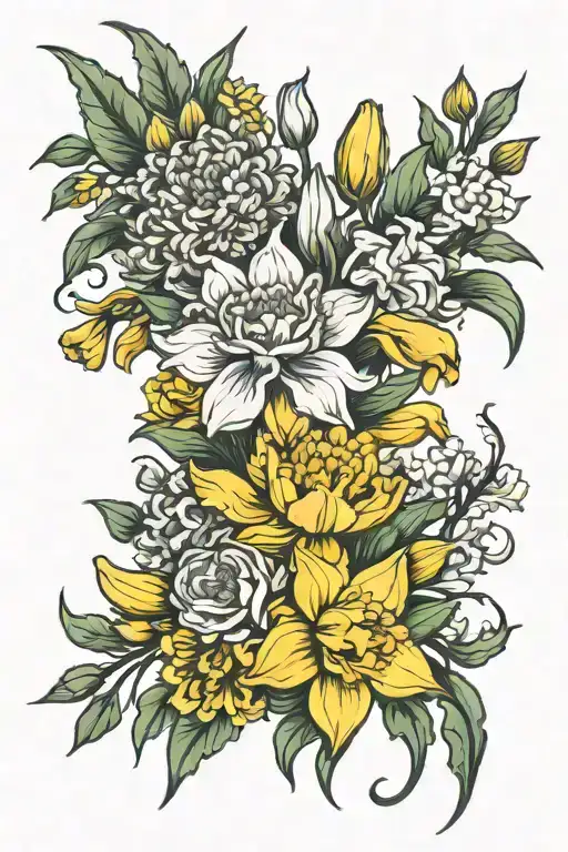carnation, daffodil, jonquil and chrysanthemum bouquet tattoo design idea