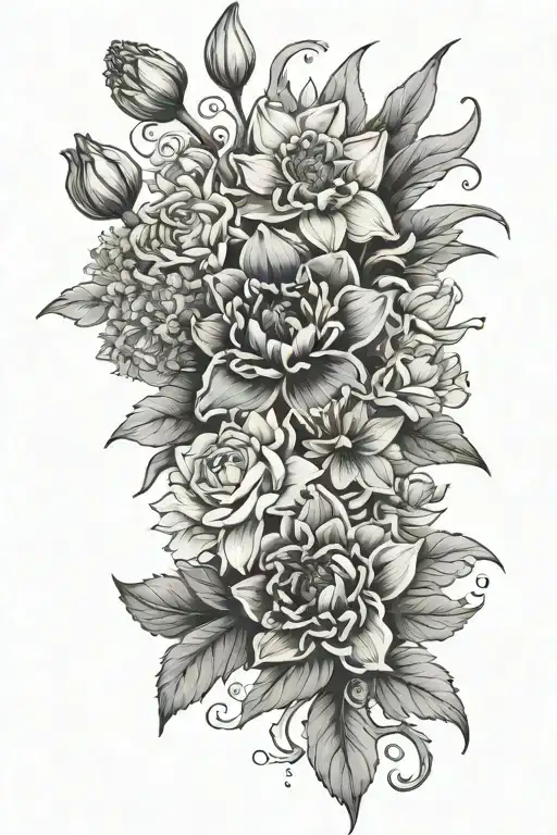 carnation, daffodil, jonquil and chrysanthemum bouquet tattoo design idea