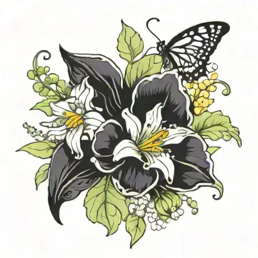 Sweet pea Poppy Daffodil Larkspur Chrysanthemum  Daisy Lily of the valley Holly tattoo design idea