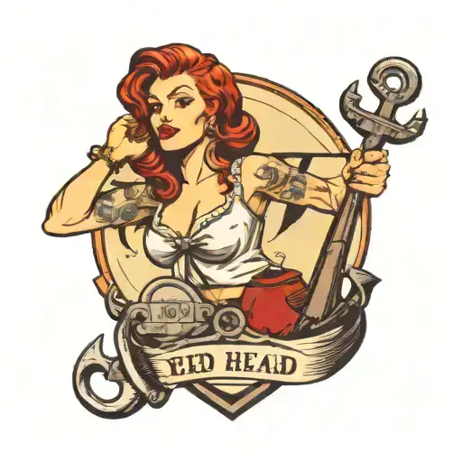red head pin up model posing with an anchor  tattoo design idea