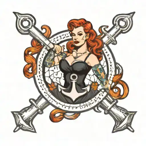 red head pin up model posing with an anchor intertwined tattoo design idea
