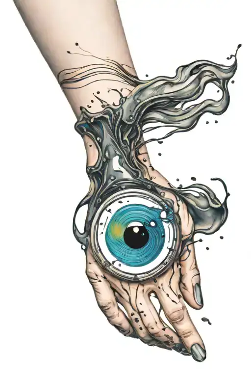 minimalist forearm tattoo that looks like an oil spill surrounding a small round face tattoo design idea
