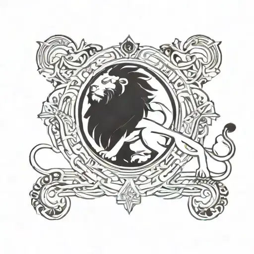 A stylized blackwork tattoo of a lion intertwined with financial symbols representing the mercado financeiro tattoo design idea