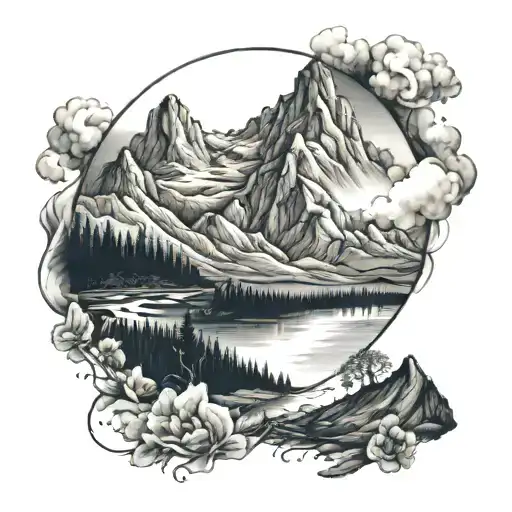A black-grey tattoo of a majestic mountain landscape with a subtle religious symbol hidden in the background, reflecting on the beauty of nature and spirituality tattoo design idea