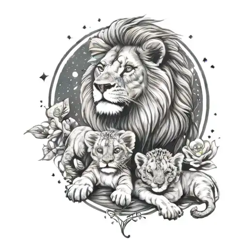 A realistic male lion with three adorable cartoon lion cubs playing around its feet, all set against a galaxy backdrop tattoo design idea