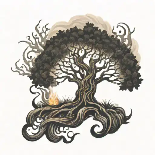A tree of life with three branches, each branch representing one of your kids, surrounded by flames to symbolize your love and protection tattoo design idea
