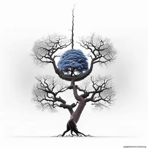 a huge tree, each branch resembles a part of life, roots are birth and crown is death. add wildlife and humans tattoo design idea