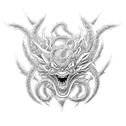 An intricate blackwork tattoo of Shenron from Dragon Ball intertwined with barbells, blending your passion for anime and weightlifting into a visually stunning design. tattoo design idea