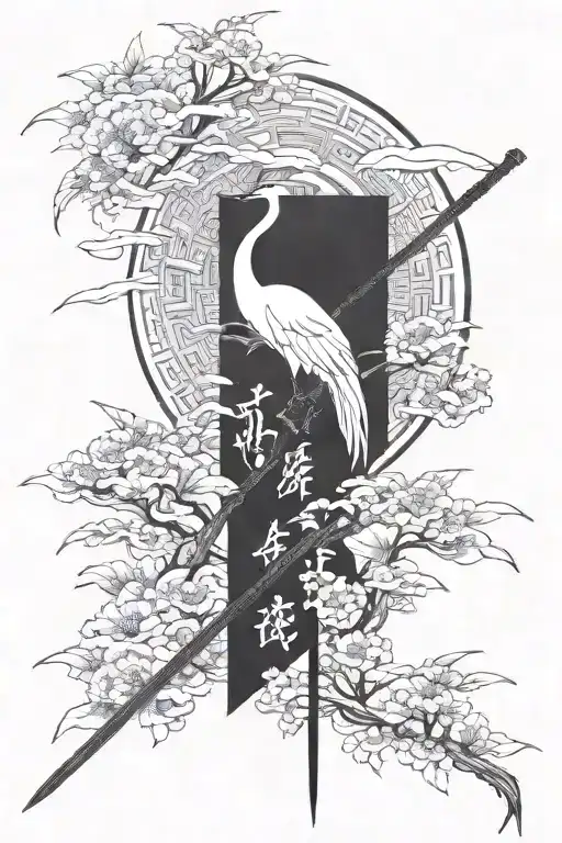 japanese crane, japanese sun on top, samurai sword and japanese kanjii writings in the middle tattoo design idea
