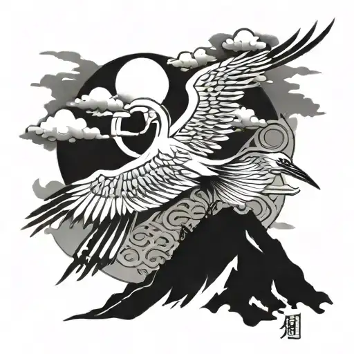 japanese crane, japanese sun on top, samurai sword and japanese kanjii writings in the middle tattoo design idea