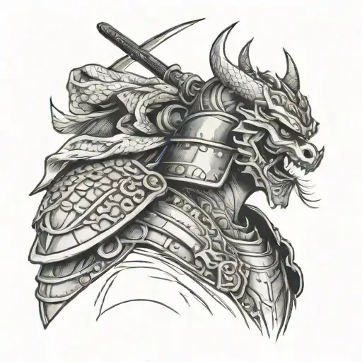 sketch of a tattoo on the shoulder of a samurai in armor instead of a head with a skull and a dragon nearby tattoo design idea