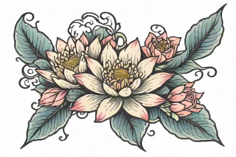 Japanese water lily and roses blooming  tattoo design idea