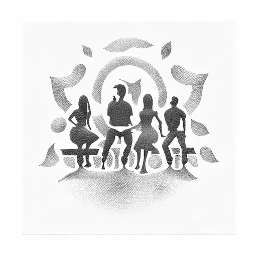 A silhouette of the Friends cast sitting on a park bench with musical notes floating around them tattoo design idea