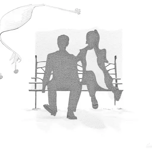 A silhouette of the Friends cast sitting on a park bench with musical notes floating around them tattoo design idea