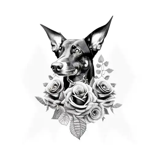 black and grey portrait of young dobermann with lots of roses around  the neck tattoo design idea