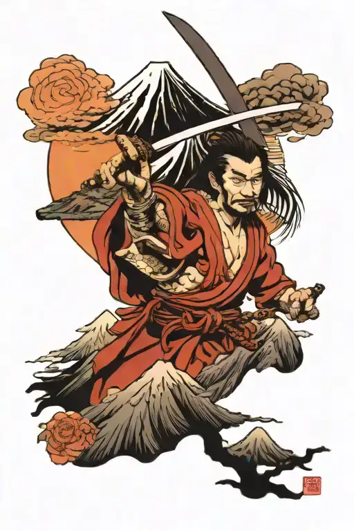 Samurai with sword in front of mount fuji with the japanese rising sun in the background tattoo design idea